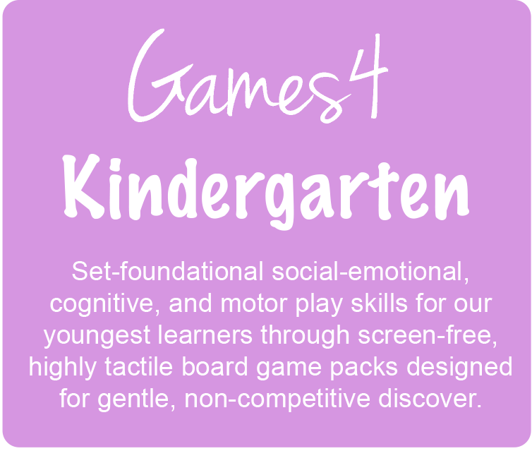 Promotional graphic for 'Games4 Kindergarten' board game packs, featuring a white rounded-rectangle panel with colorful text and four circular game icons labeled Connect, Solve, Adapt, and Reflect on a pink background.